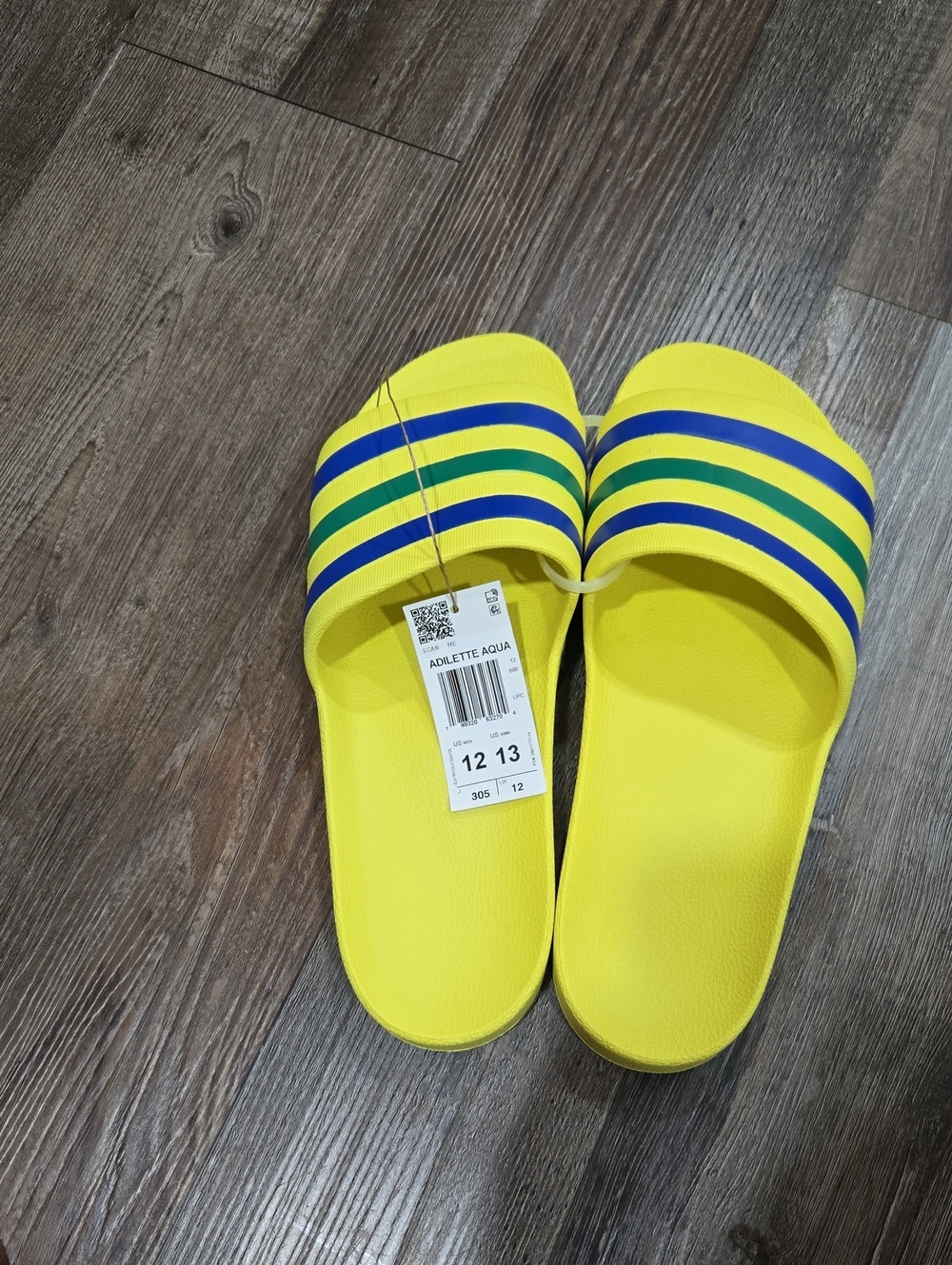 adidas Yellow Men's Slide Sandals with Blue and Green Stripes